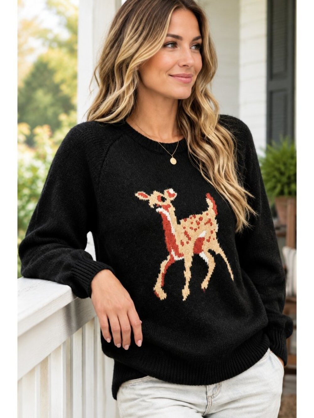 Spotted Fawn Deer Crew Neck Knit Sweater Country Western Rustic Doe Pullover